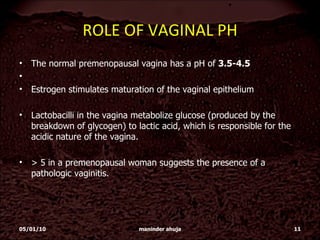 ROLE OF VAGINAL PH The normal premenopausal vagina has a pH of  3.5-4.5  Estrogen stimulates maturation of the vaginal epithelium  Lactobacilli in the vagina metabolize glucose (produced by the breakdown of glycogen) to lactic acid, which is responsible for the acidic nature of the vagina.  > 5 in a premenopausal woman suggests the presence of a pathologic vaginitis.  05/01/10 maninder ahuja 