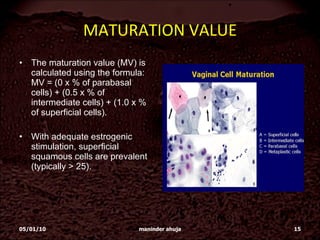 MATURATION VALUE The maturation value (MV) is calculated using the formula: MV = (0 x % of parabasal cells) + (0.5 x % of intermediate cells) + (1.0 x % of superficial cells). With adequate estrogenic stimulation, superficial squamous cells are prevalent (typically > 25). 05/01/10 maninder ahuja 