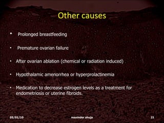 Other causes Prolonged breastfeeding Premature ovarian failure After ovarian ablation (chemical or radiation induced) Hypothalamic amenorrhea or hyperprolactinemia Medication to decrease estrogen levels as a treatment for endometriosis or uterine fibroids.  05/01/10 maninder ahuja 