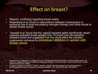 Effect on breast? Reports  conflicting regarding breast safety.  Rosenberg  et al.  found no associations between nonexclusive or exclusive use of local low-potency estrogen therapy and either ductal or lobular breast cancer Kendall  et al.  found that the vaginal estradiol tablet significantly raised systemic estradiol levels greater than 19 pmol/l over low baseline estradiol levels and suggested that this could affect the estradiol suppression achieved by  aromatase inhibitors in women with breast cancer. Rosenberg LU, Magnusson C, Lindstrom E  et al. : Menopausal hormone therapy and other breast cancer risk factors in relation to the risk of different histological subtypes of breast cancer: a case–control study.  Breast Cancer Res. 8(1),R11 (2006).  Kendall A, Dowsett M, Folkerd E, Smith I: Caution: vaginal estradiol appears to be contraindicated in postmenopausal women on adjuvant aromatase inhibitors.  Ann. Oncol. 17(4),584–587 (2006).  05/01/10 maninder ahuja 