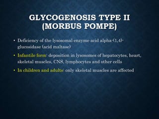 GLYCOGENOSIS TYPE II
(MORBUS POMPE)
• Deficiency of the lysosomal enzyme acid alpha-(1,4)-
glucosidase (acid maltase)
• Infantile form: deposition in lysosomes of hepatocytes, heart,
skeletal muscles, CNS, lymphocytes and other cells
• In children and adults: only skeletal muscles are affected
 
