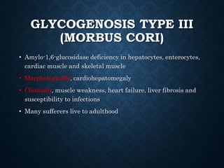 GLYCOGENOSIS TYPE III
(MORBUS CORI)
• Amylo-1,6-glucosidase deficiency in hepatocytes, enterocytes,
cardiac muscle and skeletal muscle
• Morphologically, cardiohepatomegaly
• Clinically, muscle weakness, heart failure, liver fibrosis and
susceptibility to infections
• Many sufferers live to adulthood
 