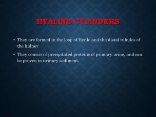 HYALINE CYLINDERS
• They are formed in the loop of Henle and the distal tubules of
the kidney
• They consist of precipitated proteins of primary urine, and can
be proven in urinary sediment.
 