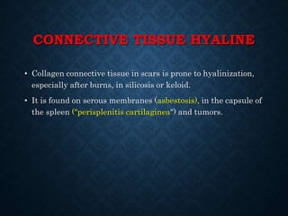 CONNECTIVE TISSUE HYALINE
• Collagen connective tissue in scars is prone to hyalinization,
especially after burns, in silicosis or keloid.
• It is found on serous membranes (asbestosis), in the capsule of
the spleen ("perisplenitis cartilaginea") and tumors.
 
