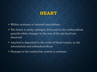HEART
 Within systemic or isolated amyloidosis
 The heart is easily enlarged, firm and on the endocardium
grayish-white changes in the size of the pin head are
observed.
 Amyloid is deposited in the walls of blood vessels, in the
interstitium and subendocardium
 Damage to the conduction system is common
 