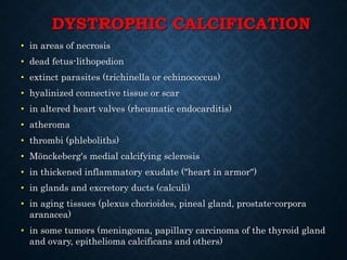 DYSTROPHIC CALCIFICATION
• in areas of necrosis
• dead fetus-lithopedion
• extinct parasites (trichinella or echinococcus)
• hyalinized connective tissue or scar
• in altered heart valves (rheumatic endocarditis)
• atheroma
• thrombi (phleboliths)
• Mönckeberg's medial calcifying sclerosis
• in thickened inflammatory exudate ("heart in armor")
• in glands and excretory ducts (calculi)
• in aging tissues (plexus chorioides, pineal gland, prostate-corpora
aranacea)
• in some tumors (meningoma, papillary carcinoma of the thyroid gland
and ovary, epithelioma calcificans and others)
 