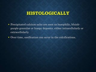 HISTOLOGICALLY
 Precipitated calcium salts are seen as basophilic, bluish-
purple granular or lumpy deposits, either intracellularly or
extracellularly.
 Over time, ossification can occur in the calcifications.
 