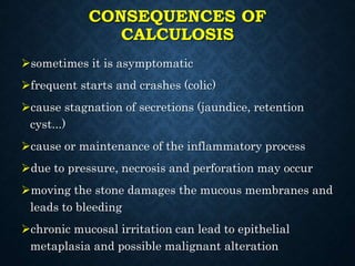 CONSEQUENCES OF
CALCULOSIS
sometimes it is asymptomatic
frequent starts and crashes (colic)
cause stagnation of secretions (jaundice, retention
cyst...)
cause or maintenance of the inflammatory process
due to pressure, necrosis and perforation may occur
moving the stone damages the mucous membranes and
leads to bleeding
chronic mucosal irritation can lead to epithelial
metaplasia and possible malignant alteration
 