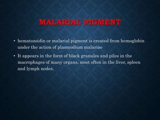 MALARIAL PIGMENT
• hematozoidin or malarial pigment is created from hemoglobin
under the action of plasmodium malariae
• It appears in the form of black granules and piles in the
macrophages of many organs, most often in the liver, spleen
and lymph nodes.
 