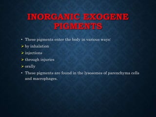 INORGANIC EXOGENE
PIGMENTS
• These pigments enter the body in various ways:
 by inhalation
 injections
 through injuries
 orally
• These pigments are found in the lysosomes of parenchyma cells
and macrophages.
 