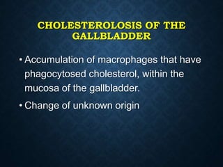 CHOLESTEROLOSIS OF THE
GALLBLADDER
• Accumulation of macrophages that have
phagocytosed cholesterol, within the
mucosa of the gallbladder.
• Change of unknown origin
 