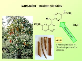 Алкалоїди – похідні хіноліну
хінін
N
N
OH
C
H
CH2
CH3
O 3H2O.
6-Метоксихіноліл-4'-
[5-вінілхінуклідил-2]-
карбінол
 