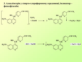 N
N
CH
OH
CH CH2
H3CO
2
N
N
CH
OH
CH CH2
H3
CO
. H2SO4
+ 2NaOH + Na2SO4 + 2H2O2
N
N
CH
OH
CH CH2
H3CO
N
N
CH
OH
CH CH2
H3CO
. HCl + NaOH + NaCl + H2O
3. Алкаліметрія у спирто-хлороформному середовищі, інликатор –
фенолфталеїн:
 