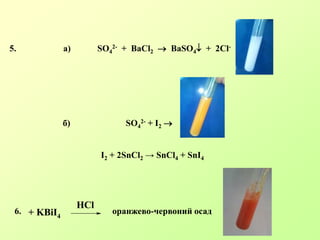5. а) SO4
2- + BaCl2  BaSO4 + 2Cl-
б) SO4
2- + I2 
I2 + 2SnCl2 → SnCl4 + SnI4
6. оранжево-червоний осад+ KBiI4
HCl
 