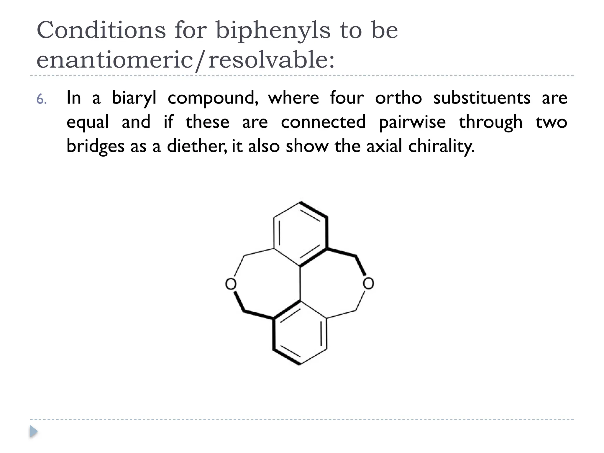 Conditions for biphenyls to be
enantiomeric/resolvable:
6. In a biaryl compound, where four ortho substituents are
equal and if these are connected pairwise through two
bridges as a diether, it also show the axial chirality.
 