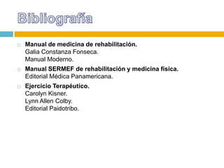

Manual de medicina de rehabilitación.
Galia Constanza Fonseca.
Manual Moderno.



Manual SERMEF de rehabilitación y medicina física.
Editorial Médica Panamericana.



Ejercicio Terapéutico.
Carolyn Kisner.
Lynn Allen Colby.
Editorial Paidotribo.

 