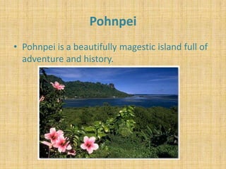 Pohnpei
• Pohnpei is a beautifully magestic island full of
  adventure and history.
 