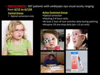 • PARTICIPANTS: 507 patients with amblyopic eye visual acuity ranging
from 6/12 to 6/120
Control Group:
• Optical correcti...