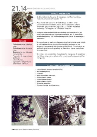128 Análisis seguro de trabajo para la construcción
• Caída de personas a distinto
nivel.
• Caída de personas al mismo
nivel.
• Golpes/ cortes por objetos o
herramientas.
• Proyección de fragmentos o
partículas.
• Sobreesfuerzos.
• Exposición a temperaturas
ambientales extremas.
RIESGOS
MEDIDAS PREVENTIVAS
• Se deberá delimitar las zonas de trabajo con martillos neumáticos
mediante cintas de señalización, etc.
• Previamente a la ejecución de los trabajos, se deberá tener
conocimientos mediante los planos, del trazado de las cañerías
enterradas (gas, electricidad, agua, etc...) y solicitar el corte del
suministro a la compañía en caso de ser necesario.
• En aquellas situaciones donde exista riesgo de caída de altura, se
procurará una protección colectiva (barandillas, etc...); además del
arnés de seguridad, y se dispondrá de puntos fuertes de amarre para
los mismos.
• Se recomienda no realizar trabajos en cotas inferiores del lugar donde
se esté trabajando con un martillo neumático, evitando así los
accidentes por caída de objetos o derrumbamiento. En caso de no ser
posible lo anteriormente señalado, se dispondrán viseras protectoras
o marquesinas.
• Se revisará con periodicidad el estado de las mangueras de presión de
martillos y compresores, así como los empalmes efectuados en dichas
mangueras.
• Casco de PVC (trabajos en exteriores)
• Botas de seguridad.
• Guantes.
• Ropa de trabajo adecuada.
• Protectores oculares.
• Protectores auditivos.
• Mascarilla anti-polvo.
• Arnés de seguridad.
• Cinturón lumbar antivibraciones.
EQUIPOS DE PROTECCIÓN PERSONAL
MEDIOS AUXILIARES: MARTILLO NEUMÁTICO
21.14
 