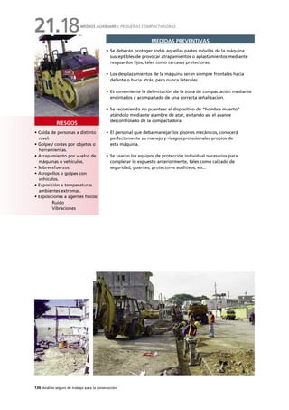 136 Análisis seguro de trabajo para la construcción
• Caída de personas a distinto
nivel.
• Golpes/ cortes por objetos o
herramientas.
• Atrapamiento por vuelco de
máquinas o vehículos.
• Sobreesfuerzos.
• Atropellos o golpes con
vehículos.
• Exposición a temperaturas
ambientes extremas.
• Exposiciones a agentes físicos:
Ruido
Vibraciones
RIESGOS
MEDIDAS PREVENTIVAS
• Se deberán proteger todas aquellas partes móviles de la máquina
susceptibles de provocar atrapamientos o aplastamientos mediante
resguardos fijos, tales como carcasas protectoras.
• Los desplazamientos de la máquina serán siempre frontales hacia
delante o hacia atrás, pero nunca laterales.
• Es conveniente la delimitación de la zona de compactación mediante
encintados y acompañado de una correcta señalización.
• Se recomienda no puentear el dispositivo de “hombre muerto”
atándolo mediante alambre de atar, evitando así el avance
descontrolado de la compactadora.
• El personal que deba manejar los pisones mecánicos, conocerá
perfectamente su manejo y riesgos profesionales propios de
esta máquina.
• Se usarán los equipos de protección individual necesarios para
completar lo expuesto anteriormente, tales como calzado de
seguridad, guantes, protectores auditivos, etc..
MEDIOS AUXILIARES: PEQUEÑAS COMPACTADORAS
21.18
 