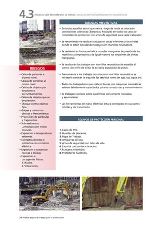 26 Análisis seguro de trabajo para la construcción
• Caída de personas a
distinto nivel.
• Caídas de personas al
mismo nivel.
• Caídas de objetos por
desplome o
derrumbamientos.
• Caídas de objetos que se
desprenden.
• Choque contra objetos
fijos.
• Golpes y cortes con
objetos o Herramientas.
• Proyección de partículas
y fragmentos.
• Sobreesfuerzos:
Lumbalgias por malas
posturas.
• Exposición a temperaturas
extremas.
• Contactos directos e
indirectos con corriente
eléctrica.
• Exposición a sustancias
nocivas o toxicas.
• Exposición a
Los agentes físicos:
1. Ruidos.
2. Vibraciones.
RIESGOS
MEDIDAS PREVENTIVAS
• En todos aquellos sector que exista riesgo de caída se colocarán
protecciones colectivas ( Barandas, Rodapié) en todos los casos se
completará la protección con arnés de seguridad para cada trabajador.
• Se recomienda no realizar trabajos en cotas inferiores a los niveles
donde se estén ejecutando trabajos con martillos neumáticos.
• Se revisarán en forma periódica todas las mangueras de presión de los
martillos y compresores y de igual manera los empalmes de dichas
mangueras.
• Se realizarán los trabajos con martillos neumáticos de espalda al
viento con el fin de evitar la excesiva exposición de polvo.
• Previamente a los trabajos de rotura con martillos neumáticos es
necesario conocer la traza de los servicios como ser gas, luz, agua, etc.
• Todos los trabajadores que realicen tareas con máquinas neumáticas
estarán debidamente capacitados para su correcto uso y mantenimiento.
• Se trabajará siempre sobre superficies previamente niveladas
y apuntaladas.
• Las herramientas de mano eléctricas estará protegidas en sus partes
móviles y de transmisión.
1. Casco de PVC.
2. Guantes de descarne.
3. Ropa de Trabajo.
4. Antiparras de Seg.
5. Arnés de seguridad con cabo de vida.
6. Zapatos con puntera de acero.
7. Máscaras o barbijos.
8. Protectores Auditivos.
EQUIPOS DE PROTECCIÓN PERSONAL
TRABAJO CON MOVIMIENTO DE TIERRA: EXCAVACION CON HERRAMIENTAS NEUMÁTICAS
4.3
 