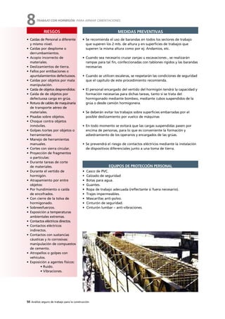 50 Análisis seguro de trabajo para la construcción
MEDIDAS PREVENTIVAS
• Se recomienda el uso de barandas en todos los sectores de trabajo
que superen los 2 mts. de altura y en superficies de trabajos que
superen la misma altura como por ej: Andamios, etc.
• Cuando sea necesario cruzar zanjas u excavaciones , se realizarán
rampas para tal fin, confeccionadas con tablones rígidos y las barandas
necesarias
• Cuando se utilicen escaleras, se respetarán las condiciones de seguridad
que el capítulo de este procedimiento recomienda.
• El personal encargado del vertido del hormigón tendrá la capacidad y
formación necesarias para dichas tareas, tanto si se trata del
hormigonado mediante bombeo, mediante cubos suspendidos de la
grúa o desde camión hormigonera.
• Se deberán evitar los trabajos sobre superficies embarradas por el
posible deslizamiento por vuelco de máquinas
• En todo momento se evitará que las cargas suspendidas pasen por
encima de personas, para lo que es conveniente la formación y
adiestramiento de los operarios y encargados de las grúas.
• Se prevendrá el riesgo de contactos eléctricos mediante la instalación
de dispositivos diferenciales junto a una toma de tierra.
• Casco de PVC.
• Calzado de seguridad
• Botas para agua.
• Guantes.
• Ropa de trabajo adecuada (reflectante si fuera necesario).
• Trajes impermeables.
• Mascarillas anti-polvo.
• Cinturón de seguridad.
• Cinturón lumbar – anti-vibraciones.
EQUIPOS DE PROTECCIÓN PERSONAL
TRABAJO CON HORMIGÓN: PARA ARMAR CIMENTACIONES
8
RIESGOS
• Caídas de Personal a diferente
y mismo nivel.
• Caídas por desplome o
derrumbamientos.
• Acopio incorrecto de
materiales.
• Deslizamientos de tierra.
• Fallos por entibaciones o
apuntalamientos defectuosos.
• Caídas por objetos por mala
manipulación.
• Caída de objetos desprendidos:
• Caída de de objetos por
defectuosa carga en grúa.
• Rotura de cables de maquinaría
de transporte aéreo de
materiales.
• Pisadas sobre objetos.
• Choque contra objetos
inmóviles.
• Golpes /cortes por objetos o
herramientas:
• Manejo de herramientas
manuales.
• Cortes con sierra circular.
• Proyección de fragmentos
o partículas:
• Durante tareas de corte
de materiales.
• Durante el vertido de
hormigón.
• Atrapamiento por entre
objetos:
• Por hundimiento o caída
de encofrados.
• Con cierre de la tolva de
hormigonado.
• Sobreesfuerzos.
• Exposición a temperaturas
ambientales extremas.
• Contactos eléctricos directos.
• Contactos eléctricos
indirectos.
• Contactos con sustancias
cáusticas y /o corrosivas:
manipulación de compuestos
de cemento.
• Atropellos o golpes con
vehículos.
• Exposición a agentes físicos:
• Ruido.
• Vibraciones.
 