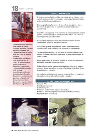 88 Análisis seguro de trabajo para la construcción
• Caída de personas a distinto
nivel: desde escaleras
portátiles, andamios tubulares,
andamios colgados, etc.
• Caída de personas al mismo
nivel: por falta de orden y
limpieza
• Golpes/cortes por objetos
o herramientas: por la
rotura de las mangueras
de los compresores
• Exposición a sustancias
nocivas o tóxicas contenidas
en la pintura
• Incendios: por utilización
de sustancias inflamables
• Exposición a contaminantes
químicos: inhalación de
disolventes orgánicos
• Exposición a agentes físicos:
Condiciones higrotérmicas
RIESGOS
MEDIDAS PREVENTIVAS
• Se tendrán en cuenta las medidas preventivas que se incluyen en el
capítulo Medios Auxiliares, tanto para escaleras portátiles como para
andamios tubulares, colgados, etc.
• Evitar salpicaduras y formación de atmósferas pulvígenas a través
del vertido de pigmentos en los distintos recipientes (acuoso
o disolvente).
• Se prohíbe fumar y comer en el momento de preparación de la pintura,
y en los ambientes donde se esté trabajando, debido a lo volátil de
los componentes y a su toxicidad.
• Se capacitará al personal sobre la manipulación de los diversos
componentes ligados al proceso de pintado.
• Se utilizarán guantes de protección contra agresivos químicos
orgánicos para evitar contactos con la piel de los trabajadores.
• Las operaciones de lijado y la aplicación de pinturas, se ejecutarán
siempre en locales ventilados para evitar el riesgo de inhalación de
polvos y gases.
• Según la necesidad, se utilizarán equipos de protección respiratoria
adecuados para cada caso en particular.
• Está prohibido realizar trabajos de soldadura y oxicorte en lugares
próximos donde se empleen pinturas inflamables, evitando el riesgo
de explosiones e incendio.
• Los productos utilizados en el proceso, se contendrán en recipientes
adecuadamente cerrados, diferenciados y aislados.
• Casco de PVC.
• Calzado de seguridad.
• Guantes de goma.
• Protección ocular (lentes, máscara facial, etc.).
• Protección respiratoria (semi-máscara con cartuchos, máscara).
• Ropa de trabajo (mameluco).
EQUIPOS DE PROTECCIÓN PERSONAL
PINTURA Y BARNIZADO
18
 