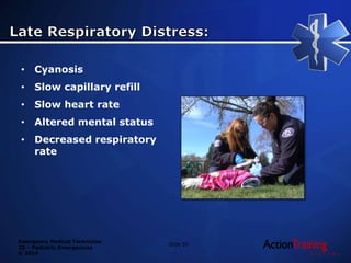 Emergency Medical Technician
20 – Pediatric Emergencies
© 2014
• Cyanosis
• Slow capillary refill
• Slow heart rate
• Altered mental status
• Decreased respiratory
rate
Slide 50
 