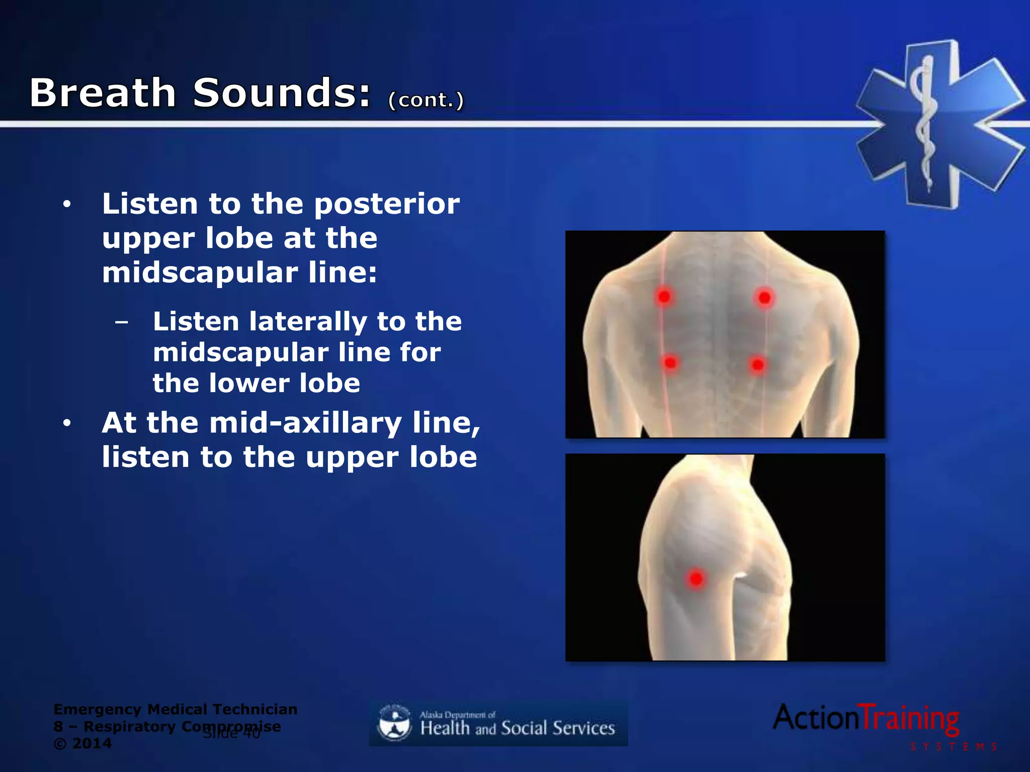 Emergency Medical Technician
8 – Respiratory Compromise
© 2014
Slide 40
• Listen to the posterior
upper lobe at the
midscapular line:
– Listen laterally to the
midscapular line for
the lower lobe
• At the mid-axillary line,
listen to the upper lobe
 