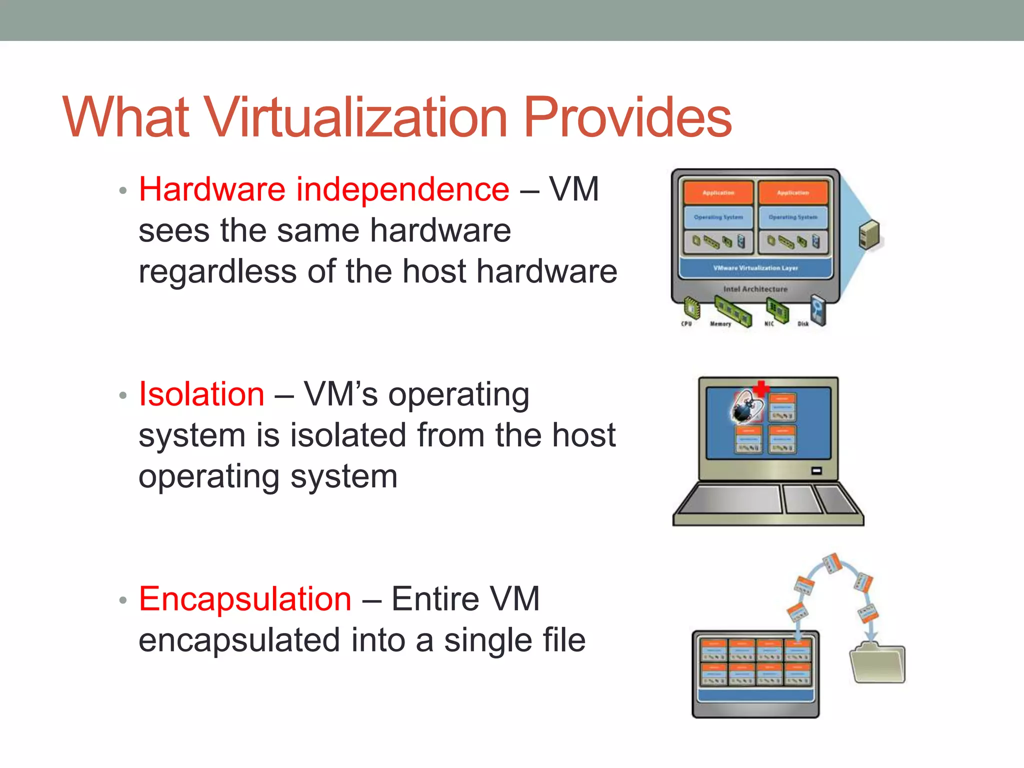 What Virtualization Provides
• Hardware independence – VM
sees the same hardware
regardless of the host hardware
• Isolation – VM’s operating
system is isolated from the host
operating system
• Encapsulation – Entire VM
encapsulated into a single file
 