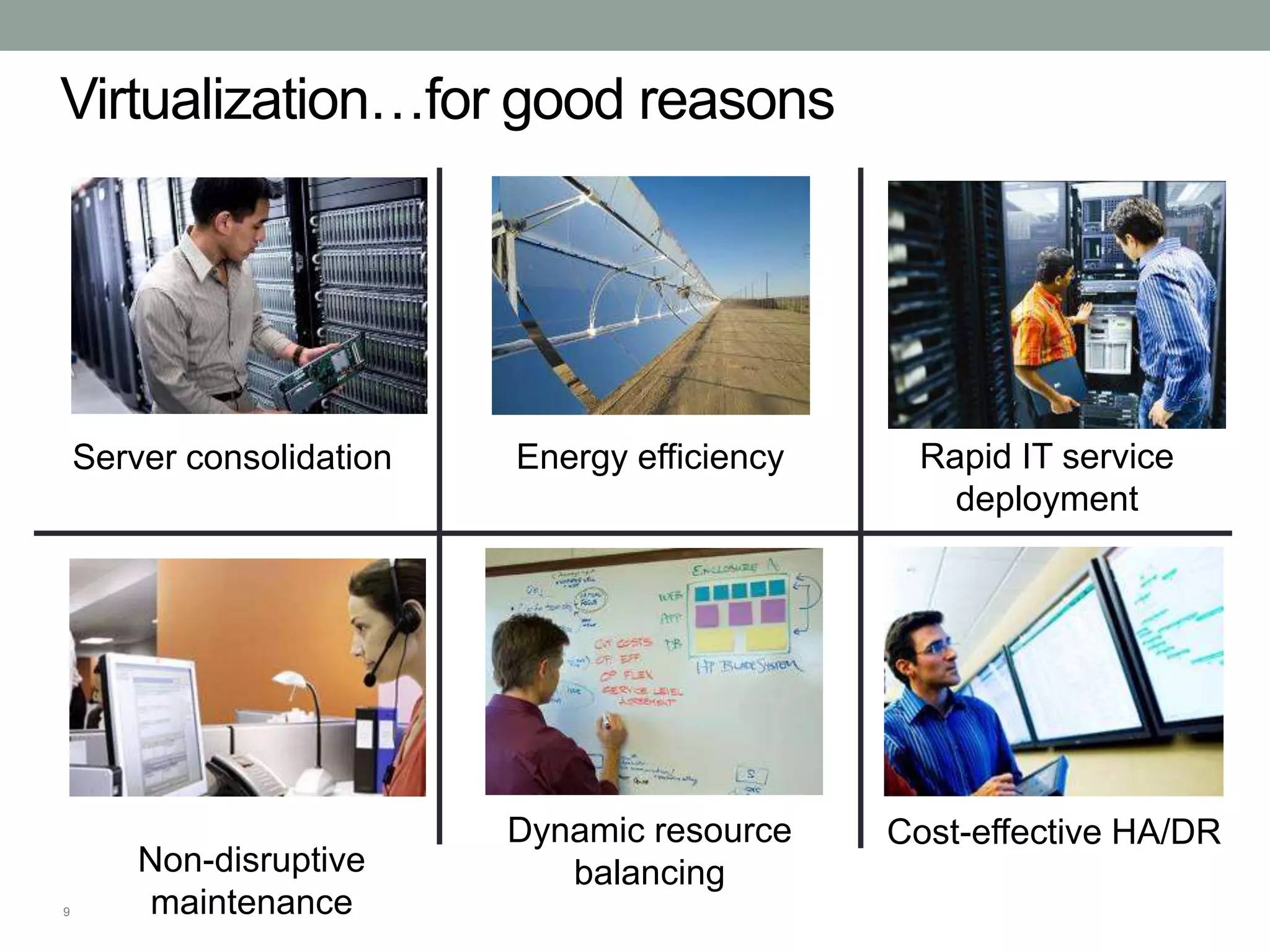 9
Virtualization…for good reasons
Server consolidation Energy efficiency Rapid IT service
deployment
Non-disruptive
maintenance
Dynamic resource
balancing
Cost-effective HA/DR
 
