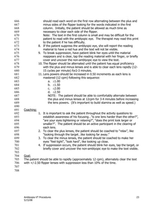 Amblyopia VT Procedures 23
5/15/08
should read each word on the first row alternating between the plus and666
minus sides of the flipper looking for the words indicated in the first667
column. Initially, the patient should be allowed as much time as668
necessary to clear each side of the flipper.669
Note: The text in the first column is small and may be difficult for the670
patient to read with the amblyopic eye. The therapist may read this print671
to the patient if he has difficulty.672
8. If the patient suppress the amblyopic eye, she will report the reading673
material to have a red hue and the text will not be visible.674
9. To break suppression, have patient blink her eyes until the material675
reappears and is clear, tap the reading material with her finger, or briefly676
cover and uncover the non-amblyopic eye to view the text.677
10. The flipper should be alternated until the patient has equal proficiency678
with the plus and minus lenses and is able to clear each lens rapidly (12-679
15 cycles per minute) for2-3 minutes.680
11. Lens powers should be increased in 0.50 increments as each lens is681
mastered (12 cpm) following this sequence:682
a. 1.00683
b. 1.50684
c. 2.00685
d. 2.50686
NOTE: The patient should be able to comfortably alternate between687
the plus and minus lenses at 12cpm for 3-4 minutes before increasing688
the lens powers. (It’s important to build stamina as well as speed.)689
690
Coaching:691
1. It is important to ask the patient throughout the activity questions to692
establish awareness of his focusing…‖is one lens harder than the other?‖,693
―are your eyes tightening or relaxing?‖, ―does the print look larger or694
smaller?‖. The patient should be an active participant in the clearing of695
each lens.696
2. To clear the plus lenses, the patient should be coached to ―relax‖, like697
―looking through the target…like looking far away.‖698
3. To clear the minus lenses, the patient should be coached to make her699
eyes ―feel tight‖, ―look hard‖, like looking up close.700
4. If suppression occurs, the patient should blink her eyes, tap the target, or701
briefly cover and uncover the non-amblyopic eye to make the text visible.702
703
Goal:704
The patient should be able to rapidly (approximately 12 cpm), alternately clear the text705
with +/-2.50 flipper lenses with suppression less than 10% of the time.706
707
708
 