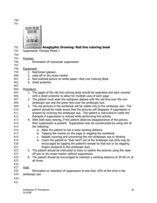 Amblyopia VT Procedures 26
5/15/08
790
791
Anaglyphic Drawing: Red line coloring book792
Suppression Therapy Phase 1793
794
Purpose:795
Elimination of monocular suppression796
797
Equipment:798
1. Red/Green glasses799
2. wipe-off or dry erase marker800
3. Red outlined picture on white paper—Red Line Coloring Book801
4. sheet protector802
803
Procedure:804
1. The pages of the red line coloring book should be separated and each covered805
with a sheet protector to allow for multiple uses of each page806
2. The patient must wear the red/green glasses with the red lens over the non-807
amblyopic eye and the green lens over the amblyopic eye.808
3. The red pictures in the workbook will be visible only to the amblyopic eye. The809
patient should be made aware that the pictures will disappear if suppression is810
present by covering the amblyopic eye. The patient is instructed to notify the811
therapist if suppression is noticed while performing this activity.812
4. With both eyes viewing, if the patient observes disappearance of the picture,813
then suppression is present. Suppression may be counteracted by using one of814
the following:815
a. Allow the patient to use a close working distance816
b. Tapping the marker on the page or wiggling the workbook817
c. Rapidly covering and uncovering the non-amblyopic eye or blinking818
d. Coach the patient to ―look hard‖ out of the amblyopic eye (this may be819
encouraged by tapping the patient’s temple by that eye or by wiggling820
fingers temporal to the amblyopic eye)821
5. The patient should be instructed to trace or outline the pictures using the wipe-822
off pen or dry erase marker without suppression.823
6. The patient should be encouraged to maintain a working distance of 30-40 cm at824
all times.825
826
Goal:827
Elimination or reduction of suppression to less than 10% of the time in the828
amblyopic eye829
830
831
 