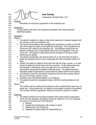 Amblyopia VT Procedures 29
5/15/08
Line Tracing905
Suppression Therapy Phase 1 & 2906
907
Purpose:908
Elimination of monocular suppression of the amblyopic eye909
910
Equipment:911
Tracing Patterns (all red) in the Red/Green Workbook with sheet protectors912
Red/Green glasses913
914
Procedure:915
Phase 1916
1. The patient is seated at a table or desk while wearing the red/green glasses with917
the red lens on the non-amblyopic eye.918
2. The visual tracing patterns have squiggly lines connecting a number on the left919
side of the page to a letter on the right side of the page. The line patterns are920
all red and only visible to the amblyopic eye. The therapist should cover the921
patient’s amblyopic eye to demonstrate that all the lines disappear if the eye922
―turns off‖. The patient is instructed to tell the therapist if this occurs while923
performing the activity.924
3. The patient should begin with pictures with one or two lines that are easy to925
follow and gradually become more challenging and with increasing numbers of926
lines.927
4. Initially, the patient is asked to trace each line with his finger, pointer, or a wipe928
off pen to determine which items each line connects. As the patient does this,929
the therapist is watching to make sure that there is no confusion at line930
intersections and guides the patient if difficulty arises. The patient should be931
frequently asked if suppression is noted while the patient performs this activity.932
5. As proficiency improves, the patient is asked to trace the lines visually without933
the use of his finger, pointer, or pen.934
6. Gradually more complicated patterns are introduced.935
7. The patient should be encouraged to keep a 30-40 cm working distance at all936
times.937
Phase 2938
This activity may be continued into phase two and is performed the same way as939
phase one. During phase two, the patient is encouraged to perform the patterns940
more quickly with less suppression without the need for a pointer or marker.941
942
Coaching:943
1. The patient should be encouraged to perform this activity without suppression.944
If the red lines disappear, the patient should be coached to ―turn the amblyopic945
eye back on‖ by doing one of the following:946
a. Blinking947
b. Tapping the missing lines with a finger or pencil948
c. ―looking hard‖ out of that eye949
d. Wiggling his fingers beside the suppressing eye950
 