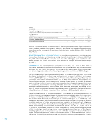 22
in Tsd. €
31.03.2015 Level 1 Level 2 Level 3 Summe
Finanzielle Vermögenswerte
Erfolgswirksam zum beizulegenden Zeitwert bewertete finanzielle
Vermögenswerte:
- Anleihen 780 – – 780
Zur Veräußerung verfügbare finanzielle Vermögenswerte – 96 – 96
Finanzielle Verbindlichkeiten
Derivative Finanzinstrumente – 3.777 – 3.777
Anleihen, Exportkredite, Kredite der öffentlichen Hand und sonstige Verbindlichkeiten gegenüber Kreditinsti-
tuten in Höhe von insgesamt 616,0 Mio. € (31. März 2015: 401,5 Mio. €) sind zu fortgeführten Anschaffungs-
kosten bewertet. Der beizulegende Zeitwert dieser Verbindlichkeiten beträgt 626.6 Mio. € (31. März 2015:
408,3 Mio. €).
SONSTIGE FINANZIELLE VERPFLICHTUNGEN Im Zusammenhang mit verbindlich kontrahierten Inves-
titionsvorhaben bestanden zum Bilanzstichtag sonstige finanzielle Verpflichtungen in Höhe von 111,3 Mio. €.
Der größte Teil davon betrifft den Ausbau des neuen Standortes in Chongqing sowie Investitionen in den
Werken Shanghai und Leoben. Zum 31. März 2015 betrugen die sonstigen finanziellen Verpflichtungen
32,9 Mio. €.
EIGENKAPITAL Das Konzerneigenkapital verringerte sich von 604,4 Mio. € zum 31. März 2015 auf
599,6 Mio. €. Negative Währungsumrechnungsdifferenzen von -50,5 Mio. € stehen dem positiven Konzerner-
gebnis von 60,2 Mio. €, sowie der negativen Veränderung aus der Bewertung von Sicherungsbeziehungen
von -0,5 Mio. € gegenüber, sodass sich ein Konzerngesamtergebnis mit einem Wert von 9,3 Mio. € ergab.
Der Vorstand wurde durch die 20. Hauptversammlung am 3. Juli 2014 ermächtigt, bis zum 2. Juli 2019 das
Grundkapital der Gesellschaft mit Zustimmung des Aufsichtsrates um bis zu 21.367.500,- € durch Ausgabe
von bis zu 19.425.000 neuen, auf den Inhaber lautenden nennwertlosen Stückaktien gegen Bareinlage oder
Sacheinlage, einmal oder in mehreren Tranchen, auch im Wege eines mittelbaren Bezugsangebots nach
Übernahme durch ein oder mehrere Kreditinstitute gemäß § 153 Abs. 6 AktG, zu erhöhen. Der Vorstand
wurde ermächtigt, hierbei mit Zustimmung des Aufsichtsrats die näheren Ausgabebedingungen (insbesonde-
re Ausgabebetrag, Gegenstand der Sacheinlage, Inhalt der Aktienrechte, Ausschluss der Bezugsrechte etc.)
festzulegen (genehmigtes Kapital). Der Aufsichtsrat wurde ermächtigt, Änderungen der Satzung, die sich
durch die Ausgabe von Aktien aus dem genehmigten Kapital ergeben, zu beschließen. Die Hauptversammlung
hat auch beschlossen, die Satzung entsprechend dieses Beschlusses in § 4 (Grundkapital) zu ändern.
Darüber hinaus wurde in der 20. Hauptversammlung am 3. Juli 2014 die in der Hauptversammlung vom 7. Juli
2010 beschlossene Ermächtigung zur Ausgabe von Wandelschuldverschreibungen widerrufen und gleichzeitig
der Vorstand ermächtigt, mit Zustimmung des Aufsichtsrates bis zum 2. Juli 2019 einmalig oder mehrmals auf
den Inhaber lautende Wandelschuldverschreibungen im Gesamtnennbetrag von bis zu 150.000.000,- € aus-
zugeben und den Inhabern von Wandelschuldverschreibungen Bezugs- und/oder Umtauschrechte auf bis zu
19.425.000 Stück neue auf Inhaber lautende nennwertlose Stückaktien der Gesellschaft nach Maßgabe der
vom Vorstand festzulegenden Wandelschuldverschreibungsbedingungen zu gewähren. Außerdem wurde in
diesem Zusammenhang das Grundkapital der Gesellschaft gemäß § 159 Abs 2 Z 1 AktG um bis zu
21.367.500,- € durch Ausgabe von bis zu 19.425.000 Stück neuer, auf Inhaber lautende Stückaktien bedingt
erhöht. Diese bedingte Kapitalerhöhung wird nur insoweit durchgeführt, als Inhaber von auf Grundlage des
Ermächtigungsbeschlusses der Hauptversammlung vom 3. Juli 2014 ausgegebenen Wandelschuldverschrei-
bungen von dem ihnen gewährten Umtausch- und/oder Bezugsrecht auf Aktien der Gesellschaft Gebrauch
machen. Der Vorstand wurde weiters ermächtigt, mit Zustimmung des Aufsichtsrats die weiteren Einzelhei-
 