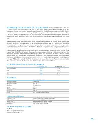 05
PERFORMANCE AND LIQUIDITY OF THE AT&S SHARE Having varied between € 9.60 and
€ 13.43 in the first quarter of the financial year, the AT&S share price remained within this range in the sec-
ond quarter. Among other factors, subdued growth forecasts for the AT&S customer segment Mobile Devices
as well as a cautious investor sentiment regarding Chongqing did not allow a clear upward movement of the
AT&S share. With a closing price of € 10.94 on 30 September 2016, the performance during the six months of
the reporting period amounts to -15.2%, not taking into account the dividend of € 0.36 per share paid out in
July.
The daily volume of the AT&S share traded on the Vienna Stock Exchange in the first half of the financial year
increased significantly to an average of 79,341 shares per day (previous year: 68,112 units). This resulted in
an average daily trading turnover of € 875,829 (previous year: € 994,750). The decline in trading turnover
despite the increase in volume traded is attributable to the lower average share price during the reporting period.
AT&S once again carried out a comprehensive program of road shows and conferences in the first half of the
financial year 2016/17 at all relevant European financial centres, maintaining a dialogue with private and
institutional investors and analysts through meetings, phone calls and e-mails. At the 22
nd
Annual General
Meeting and at the Capital Market Day held at the Leoben site in mid-September, investors and analysts were
informed in detail about current market developments, the new plants in Chongqing as well as the new posi-
tioning of AT&S and the outlook. The AT&S share is currently covered by analysts of seven investment banks.
Their ratings included one “buy” as well as six “hold” and “neutral” recommendations.
KEY SHARE FIGURES FOR THE FIRST SIX MONTHS
€ 30 September 2016 30 September 2015
Earnings per share (0.38) 1.08
High 13.43 16.35
Low 9.60 12.80
Close 10.94 13.17
AT&S SHARE
Vienna Stock Exchange
Shares outstanding 38,850,000
Security ID number 922230
ISIN-Code AT0000969985
Symbol ATS
Thomson Reuters ATSV.VI
Bloomberg ATS:AV
Indices ATX Prime, ATX GP, WBI, VÖNIX
FINANCIAL CALENDAR
31 January 2017 Results for the first three quarters 2016/17
09 May 2017 Annual results 2016/17
26 June 2017 Record date Annual General Meeting
06 July 2017 23rd
Annual General Meeting
CONTACT INVESTOR RELATIONS
Elke Koch
Phone: +43 (0)3842 200-5925
Email: e.koch@ats.net
 