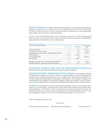 10
SEGMENT SONSTIGE Die im Segment Sonstige enthaltene Business Unit Advanced Packaging weist im
Vergleich zum Vorjahr einen um 4,5 Mio. € bzw. -39,1 % niedrigeren Umsatz von 7,0 Mio. € aus (Vorjahr:
11,5 Mio. €). Da sich die Business Unit noch im Aufbau befindet, ist das Geschäft sehr stark projektbezogen.
Daraus ergeben sich die volatileren Umsatzentwicklungen.
In Linie mit der Umsatzentwicklung gingen auch die Ergebnisse der Business Unit Advanced Packaging im
EBITDA und EBIT zurück. Die Kosten der im Segment Sonstige enthaltenen allgemeinen Holdingaktivitäten
lagen aufgrund von Einmaleffekten über dem Vorjahresniveau.
Segment Sonstige – Überblick
in Mio. € (wenn nicht anders angeführt)
Q1-3 2017/18 Q1-3 2016/17
Veränderung
in %
Segmentumsatzerlöse 7,0 11,5 (39,1 %)
Umsatzerlöse mit externen Kunden 3,5 3,0 16,0 %
Betriebsergebnis vor Zinsen, Steuern, Abschreibungen (EBITDA) 2,5 9,1 (72,0 %)
EBITDA-Marge (%) 36,2 % 78,7 %
Betriebsergebnis (EBIT) 1,6 7,9 (80,5 %)
EBIT-Marge (%) 22,1 % 68,8 %
Zugänge zu Sachanlagen und immateriellen Vermögenswerten 1,0 0,9 20,3 %
Mitarbeiterstand (inkl. Leihpersonal), Durchschnitt (Anzahl) 162 155 4,1 %
WESENTLICHE EREIGNISSE NACH ENDE DER ZWISCHENBERICHTSPERIODE Nach
Ablauf der aktuellen Berichtsperiode sind keine wesentlichen Ereignisse eingetreten.
WESENTLICHE RISIKEN, UNGEWISSHEITEN UND CHANCEN Im Konzernabschluss 2016/17
sind ausführlich im Lagebericht unter Pkt. 6 „Chancen- und Risikomanagement“ relevante Risikokategorien
erläutert, welche zum Bilanzerstellungstag nach wie vor Gültigkeit haben. Wie dort bereits ausgeführt, kön-
nen falsch eingeschätzte technologische Entwicklungen, Veränderungen in der Nachfrage und negative Preis-
entwicklungen die Werthaltigkeit von Investitionen maßgeblich negativ beeinträchtigen. Dies kann insbeson-
dere das IC-Substratgeschäft, aber auch generell alle bestehenden Geschäftsaktivitäten von AT&S betreffen.
AUSBLICK Der Vorstand geht für das vierte Quartal des Geschäftsjahres 2017/18 von einer üblichen Saiso-
nalität aus. Für das Gesamtjahr - vorbehaltlich eines weiter stabilen Marktumfeldes und einer stabilen Wech-
selkursentwicklung - rechnet AT&S mit einem Umsatzwachstum von 20-25 %. Aufgrund der positiven Ent-
wicklung in den ersten neun Monate erwartet das Management eine EBITDA-Marge leicht über der im Okto-
ber 2017 gegebenen Prognose von 19-22 % und zusätzliche Abschreibungen von rund 15,0 Mio. €.
Leoben-Hinterberg, am 30. Jänner 2018
Der Vorstand
DI (FH) Andreas Gerstenmayer e.h. Mag.
a
Monika Stoisser-Göhring e.h. Ing. Heinz Moitzi e.h.
 