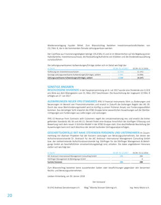20
Wiederveranlagung liquider Mittel. Zum Bilanzstichtag bestehen Investitionsverbindlichkeiten von
23,1 Mio. €, die in der kommenden Periode zahlungswirksam werden.
Der Cashflow aus Finanzierungstätigkeit beträgt 135,4 Mio. € und ist im Wesentlichen auf die Begebung einer
Hybridanleihe, Investitionszuschüsse, die Rückzahlung/Aufnahme von Krediten und die Dividendenauszahlung
zurückzuführen.
Die zahlungsunwirksamen Aufwendungen/Erträge stellen sich im Detail wie folgt dar:
in Tsd. € 01.04.-31.12.2017 01.04.-31.12.2016
Auflösung von Investitionszuschüssen (2.192) (1.141)
Sonstige zahlungsunwirksame Aufwendungen/(Erträge), saldiert 5.300 (3.006)
Zahlungsunwirksame Aufwendungen/(Erträge), saldiert 3.108 (4.147)
SONSTIGE ANGABEN
BESCHLOSSENE DIVIDENDE In der Hauptversammlung am 6. Juli 2017 wurde eine Dividende von 0,10 €
pro Aktie aus dem Bilanzgewinn zum 31. März 2017 beschlossen. Die Ausschüttung der insgesamt 3,9 Mio. €
erfolgte am 27. Juli 2017.
AUSWIRKUNGEN NEUER IFRS-STANDARDS IFRS 9 Financial Instruments führt zu Änderungen und
Neuerungen im Bereich von Finanzinstrumenten und ersetzt in Zukunft die bisherigen Regeln des IAS 39.
Durch das neue Wertminderungsmodell wird es künftig zu einem früheren Ansatz von Forderungsausfällen
kommen. Aus derzeitiger Sicht erwartet die AT&S Gruppe keine wesentlichen Auswirkungen auf die Wertbe-
richtigungen von Forderungen aus Lieferungen und Leistungen.
IFRS 15 Revenue from Contracts with Customers regelt die Umsatzrealisierung neu und ersetzt die bisher
geltenden Standards IAS 18 und IAS 11. Derzeit findet eine Analyse hinsichtlich der künftigen Erfassung und
Bewertung nach dem neuen 5-Schritte-Modell in der AT&S Gruppe statt. Eine abschließende Beurteilung der
Auswirkungen kann erst nach Abschluss der derzeit laufenden Vertragsanalyse erfolgen.
GESCHÄFTSVORFÄLLE MIT NAHE STEHENDEN PERSONEN UND UNTERNEHMEN Im Zusam-
menhang mit diversen Projekten hat der Konzern Leistungen von Beratungsunternehmen, bei denen der
Aufsichtsratsvorsitzende Dr. Androsch für die AIC Androsch International Management Consulting GmbH
bzw. der stellvertretende Aufsichtsratsvorsitzende Ing. Dörflinger für die Dörflinger Management & Beteili-
gungs GmbH als Geschäftsführer einzelvertretungsbefugt sind, erhalten. Die dabei angefallenen Honorare
stellen sich wie folgt dar:
in Tsd. € 01.04.-31.12.2017 01.04.-31.12.2016
AIC Androsch International Management Consulting GmbH 286 284
Dörflinger Management & Beteiligungs GmbH – 4
Summe Honorare 286 288
Zum Bilanzstichtag bestehen keine ausstehenden Salden oder Verpflichtungen gegenüber den benannten
Rechts- und Beratungsunternehmen.
Leoben-Hinterberg, am 30. Jänner 2018
Der Vorstand
DI (FH) Andreas Gerstenmayer e.h. Mag.
a
Monika Stoisser-Göhring e.h. Ing. Heinz Moitzi e.h.
 