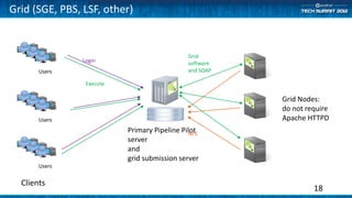 Grid (SGE, PBS, LSF, other)


                                              Grid
                Login                         software
       Users                                  and SOAP

                 Execute

                                                         Grid Nodes:
                                                         do not require
       Users                                             Apache HTTPD
                           Primary Pipeline Pilot
                                               NFS
                           server
                           and
                           grid submission server
       Users

  Clients
                                                                  18
 