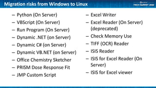 Migration risks from Windows to Linux

   –   Python (On Server)           – Excel Writer
   –   VBScript (On Server)         – Excel Reader (On Server)
   –   Run Program (On Server)        (deprecated)
   –   Dynamic .NET (on Server)     – Check Memory Use
   –   Dynamic C# (on Server)       – TIFF (OCR) Reader
   –   Dynamic VB.NET (on Server)   – ISIS Reader
   –   Office Chemistry Sketcher    – ISIS for Excel Reader (On
   –   PRISM Dose Response Fit        Server)
   –   JMP Custom Script            – ISIS for Excel viewer
 