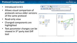 Protocol Comparison
• Introduced in 8.5
• Allows visual comparison of
protocols versus older versions
of the same protocol
• Read-only view
• Changed components are
highlighted
• Text parameter changes can be
viewed in 3rd party text Diff
tool
 