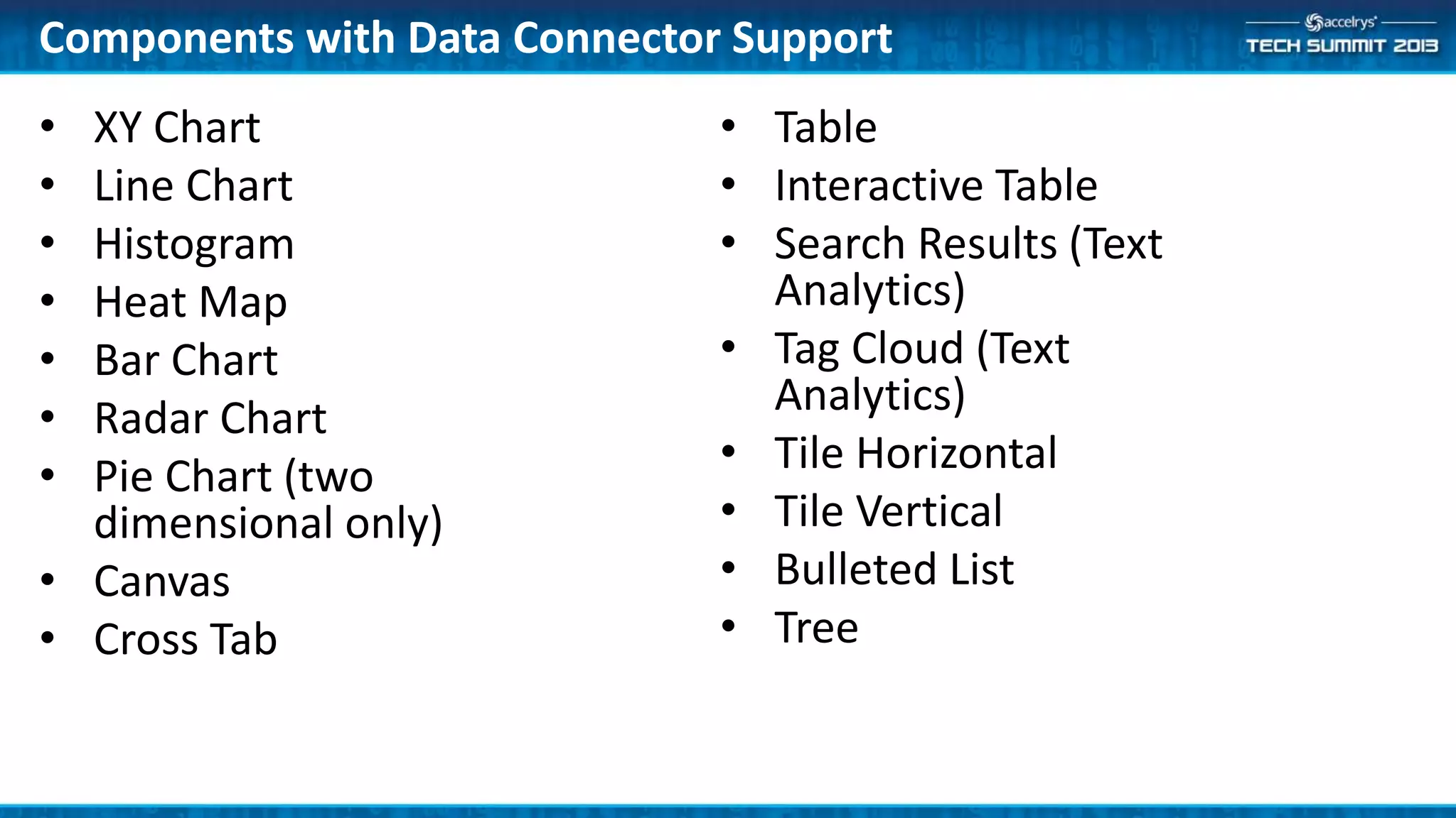 Components with Data Connector Support
• XY Chart
• Line Chart
• Histogram
• Heat Map
• Bar Chart
• Radar Chart
• Pie Chart (two
dimensional only)
• Canvas
• Cross Tab
• Table
• Interactive Table
• Search Results (Text
Analytics)
• Tag Cloud (Text
Analytics)
• Tile Horizontal
• Tile Vertical
• Bulleted List
• Tree
 