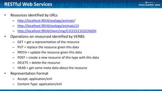 • Resources identified by URLs
– http://localhost:9014/zoology/animals/
– http://localhost:9014/zoology/animals/13
– http://localhost:9014/chem/img/C1CCCCC1C(CCN)OH
• Operations on resourced identified by VERBS:
– GET = get a representation of the resource
– PUT = replace the resource given this data
– PATCH = update the resource given this data
– POST = create a new resource of this type with this data
– DELETE = delete the resource
– HEAD = get some meta-data about the resource
• Representation Format
– Accept: application/xml
– Content-Type: application/xml
RESTful Web Services
 