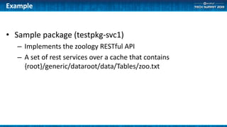 • Sample package (testpkg-svc1)
– Implements the zoology RESTful API
– A set of rest services over a cache that contains
{root}/generic/dataroot/data/Tables/zoo.txt
Example
 