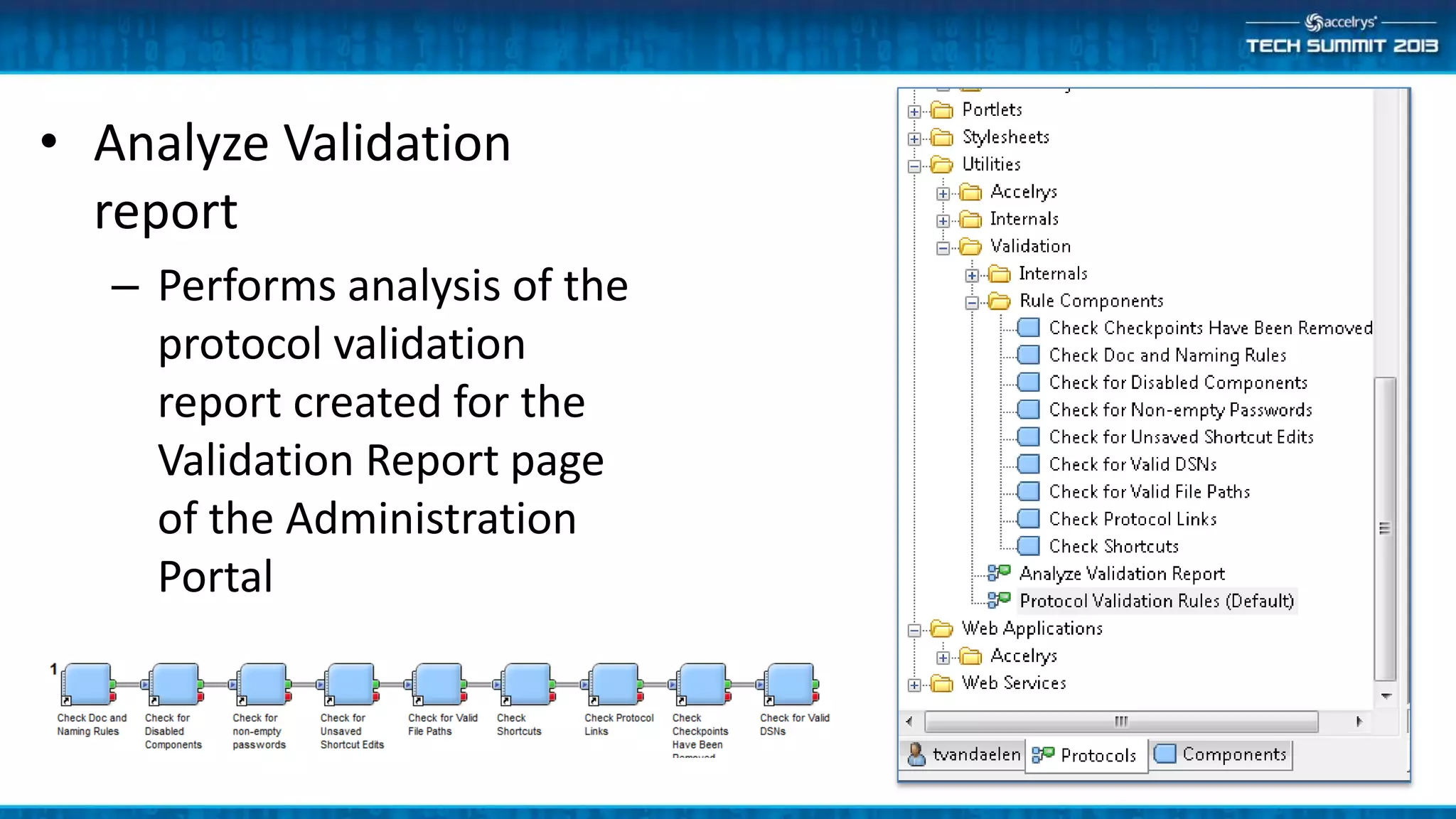 • Analyze Validation
report
– Performs analysis of the
protocol validation
report created for the
Validation Report page
of the Administration
Portal
 