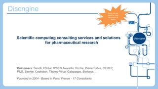 Discngine
Scientific computing consulting services and solutions
for pharmaceutical research
3
Customers: Sanofi, l’Oréal,...