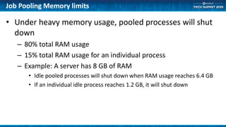 Job Pooling Memory limits
• Under heavy memory usage, pooled processes will shut
down
– 80% total RAM usage
– 15% total RAM usage for an individual process
– Example: A server has 8 GB of RAM
• Idle pooled processes will shut down when RAM usage reaches 6.4 GB
• If an individual idle process reaches 1.2 GB, it will shut down
 
