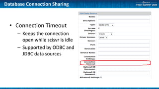 • Connection Timeout
– Keeps the connection
open while scisvr is idle
– Supported by ODBC and
JDBC data sources
Database Connection Sharing
 
