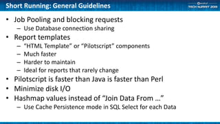 Short Running: General Guidelines
• Job Pooling and blocking requests
– Use Database connection sharing
• Report templates
– “HTML Template” or “Pilotscript” components
– Much faster
– Harder to maintain
– Ideal for reports that rarely change
• Pilotscript is faster than Java is faster than Perl
• Minimize disk I/O
• Hashmap values instead of “Join Data From …”
– Use Cache Persistence mode in SQL Select for each Data
 