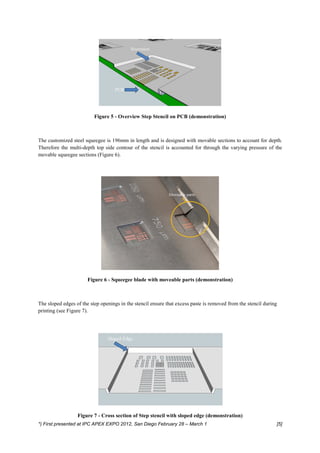 Figure 5 - Overview Step Stencil on PCB (demonstration)



The customized steel squeegee is 196mm in length and is designed with movable sections to account for depth.
Therefore the multi-depth top side contour of the stencil is accounted for through the varying pressure of the
movable squeegee sections (Figure 6).




                       Figure 6 - Squeegee blade with moveable parts (demonstration)



The sloped edges of the step openings in the stencil ensure that excess paste is removed from the stencil during
printing (see Figure 7).




                  Figure 7 - Cross section of Step stencil with sloped edge (demonstration)
*) First presented at IPC APEX EXPO 2012, San Diego February 28 – March 1                                      [5]
 